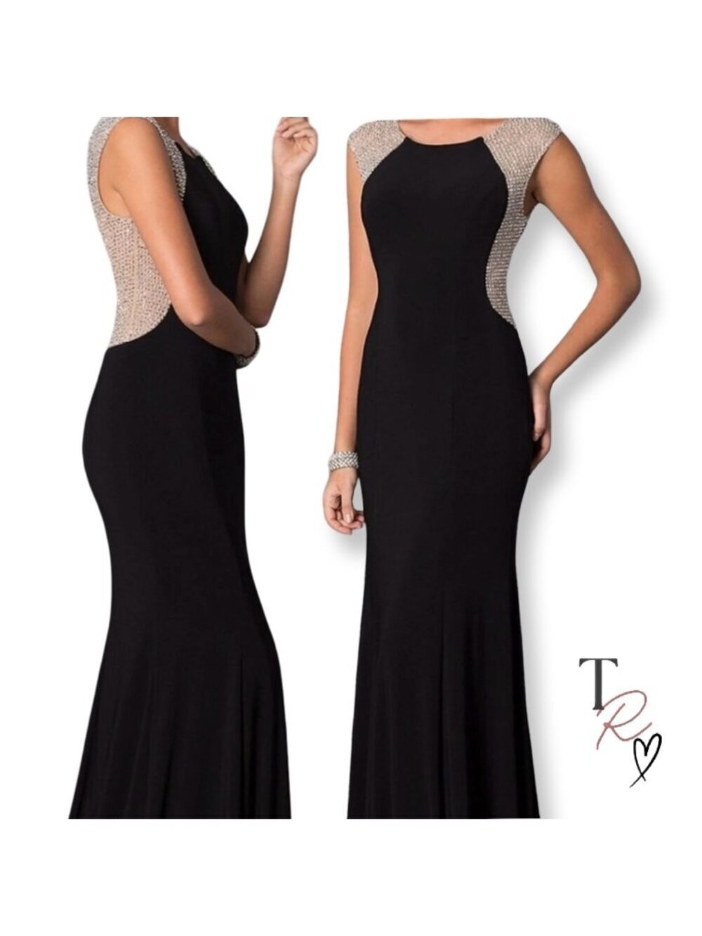 Xscape Caviar Rhinestone Illusion Gown Black Nude Formal Evening Dress Size 12